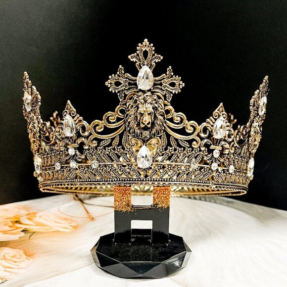 Vintage Lion King Crown, Clear Crystal Crown for Groom, Prom Crown, Gold Crown - Picture 1 of 11